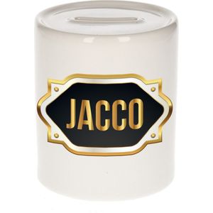 Jacco naam cadeau spaarpot met gouden embleem - kado verjaardag/ vaderdag/ pensioen/ geslaagd/ bedankt