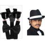 Carnaval verkleed set compleet - gangster/maffia hoedje/bretels/bril/strikje - zwart - heren - verkleedkleding