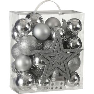 39x stuks kunststof kerstballen en kerstornamenten met ster piek zilver mix - Kerstversiering/kerstboomversiering