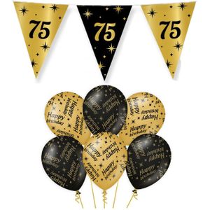 75 jaar verjaardag versiering pakket zwart/goud vlaggetjes/ballonnen