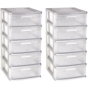 2x stuks ladeblok/bureau organizer met 5x lades grijs/transparant - L40 x B39 x H81 cm - Opruimen/opbergen laatjes