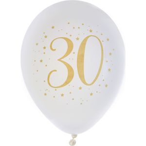 Santex verjaardag leeftijd ballonnen 30 jaar - 8x stuks - wit/goud - 23 cm - Feestartikelen