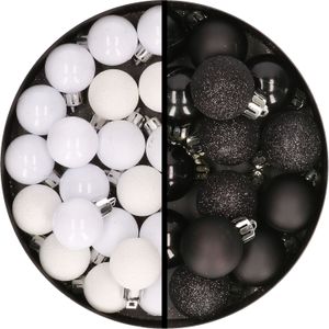 Kerstballen 34x st - 3 cm - wit en zwart - kunststof