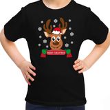 Bellatio Decorations kerst t-shirt voor kinderen - Merry Christmas - rendier - zwart - Kerstdiner