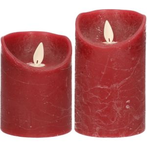 LED kaarsen/stompkaarsen - set 2x - bordeaux rood - H10 en H12,5 cm - bewegende vlam