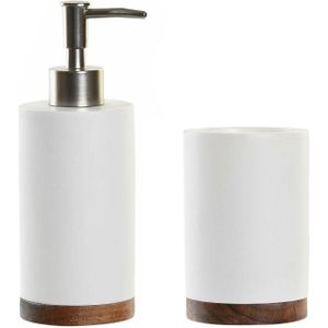 Items badkamer accessoires set drinkbeker/zeeppompje - wit/hout