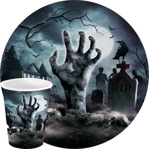 Fiestas Halloween/horror kerkhof feest servies borden en bekers - 24x - zwart- papier