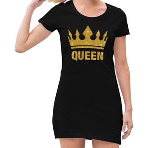 Zwart  jurkje met goud glitter Queen en kroon - jurkje dames - Zwart Koningsdag kleding