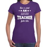 Bellatio Decorations cadeau t-shirt voor dames - awesome teacher - docent/lerares bedankje - paars