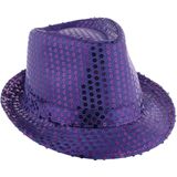 Funny Fashion Carnaval verkleed Trilby hoedje met glitter pailletten - 2x - paars - heren/dames