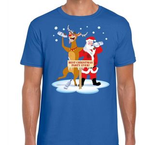 Foute Kerst t-shirt dronken kerstman en rendier Rudolf na kerstborrel/ feest blauw voor heren