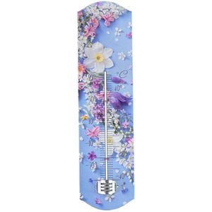 Alma Garden Binnen/buiten thermometer met lentebloemen print - blauw - metaal - 29 x 6.5 cm