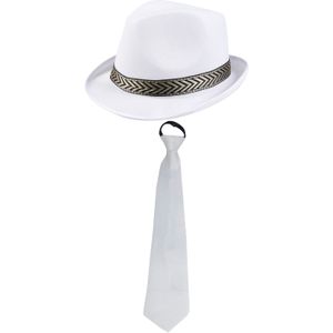 Carnaval verkleedset Whiteman - hoed en party stropdas - wit - heren/dames - verkleedkleding accessoires