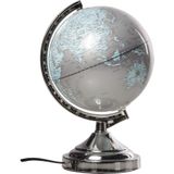 Decoratie wereldbol/globe zilver met verlichting op metalen voet/standaard 20 x 32 cm -  Landen/contintenten topografie