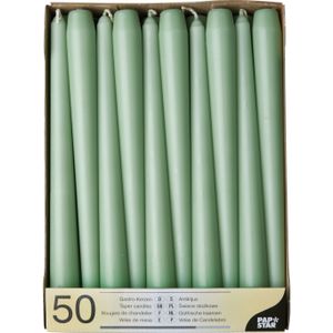 50x stuks Voordeelverpakking dinerkaarsen jade groen - 25 cm - 7 branduren