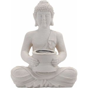 Solar lamp boeddha beeldje van polystone wit  28 cm - Tuinverlichting op zonne-energie