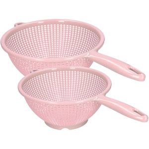 Plasticforte Keuken vergieten/zeef met steel - 2x stuks - kunststof - Dia 22/24 cm - roze