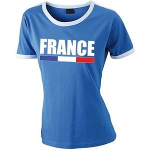 Blauw Frankrijk supporter ringer t-shirt met witte randjes dames - Franse vlag shirts
