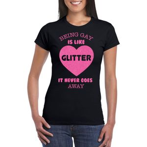 Bellatio Decorations Gay Pride T-shirt voor dames - being gay is like glitter - zwart/roze - LHBTI