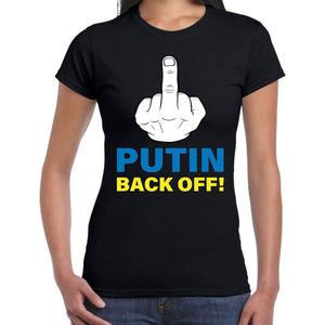 Putin back off t-shirt zwart dames -middelvinger- Oekraine protest/ demonstratie shirt met Oekraiense vlag in letters