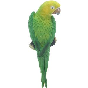 Dierenbeeld groen/gele ara papegaai vogel 31 cm tuinbeeld hangdecoratie - Tuindecoraties - Dierenbeelden