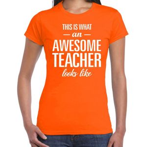 Bellatio Decorations cadeau t-shirt dames - awesome teacher - lerares bedankje - juffendag - oranje