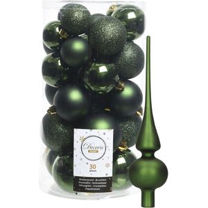 Decoris kerstballen 30x stuks - donkergroen 4/5/6 cm kunststof mat/glans/glitter mix en mat glazen piek 26 cm