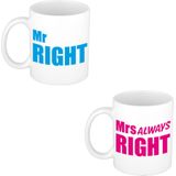 Mr right en mrs always right cadeau koffiemok / theebeker wit met blauwe en roze blokletters - 300 ml - keramiek - bruiloft / huwelijk / jubileum - geschenkmokken voor koppels