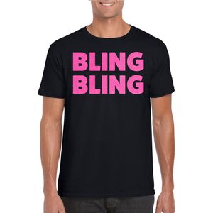 Bellatio Decorations Verkleed T-shirt voor heren - bling - zwart - roze glitter- carnaval/themafeest