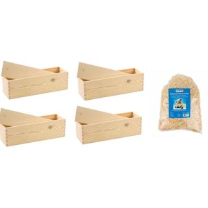 4x Houten wijnkist/verpakking met schuifdeksel 33,5 x 9 x 9,5 cm en 150 gram vulmateriaal / houtwol - Wijnkistje/wijndoosje - Relatiegeschenk/geschenkverpakkingen