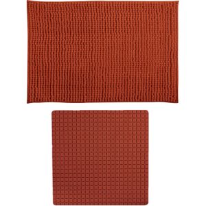 MSV Douche anti-slip mat en droogloop mat - Sevilla badkamer set - rubber/microvezel - terracotta