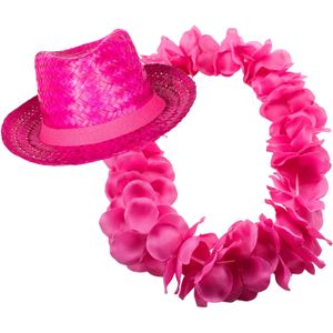 Tropische Hawaii party verkleedset - strohoedje - en bloemenkrans - fuchsia roze - voor volwassenen