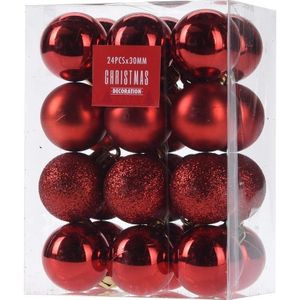 24x Rode kunststof kerstballen 3 cm - Glans/mat/glitter - Onbreekbare kerstballen plastic - Kerstboomversiering rood