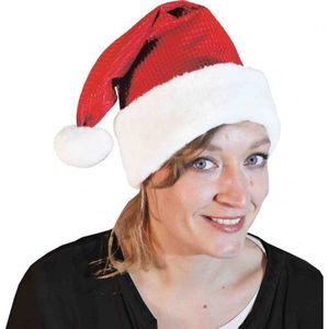 Luxe kerstmuts glimmend rood/wit met pluche voor volwassenen - Kerstaccessoires/kerst verkleedaccessoires