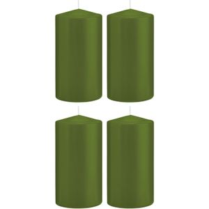 4x Olijfgroene cilinderkaarsen/stompkaarsen 8 x 15 cm 69 branduren - Geurloze kaarsen olijf groen - Woondecoraties