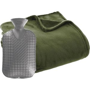 Fleece deken/plaid Olijf Groen 130 x 180 cm en een warmwater kruik 2 liter