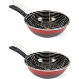 Set van 2x stuks rvs/emaille frituurpan/friteuse voor alle hittebronnen - rood 26 cm - Frituren op gasstel of kookplaat