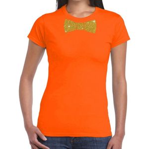 Oranje fun t-shirt met vlinderdas in glitter goud dames