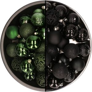 Bellatio Decorations Kerstballen mix - 74-delig - donkergroen en zwart - 6 cm - kunststof