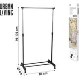 Urban Living Kledingrek - enkele stang - kunststof/metaal - zwart - 80 x 42 x 175 cm - Op zwenkwielen