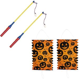 Set van 2x stuks treklampion 16 x 22 cm pompoenen met lampionstokjes - Halloween trick or treat lampionnen versiering