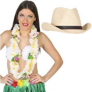 Carnaval verkleedset - Tropical Hawaii party - stro cowboy hoed - en volle bloemenslinger wit - voor volwassenen