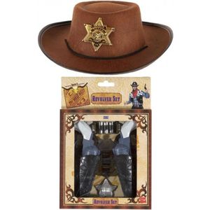 Kinder cowboy verkleed set - bruine cowboy hoed met 2x pistolen en sheriff badge