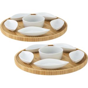 Set van 2x stuks serveerplanken bamboe dia 26 cm met luxe hapjes/saus/tapas keramieken schaaltjes