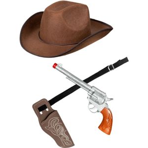 Verkleed set cowboyhoed Rodeo bruin - met holster en pistool - voor volwassenen