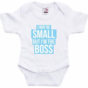 Small but the boss tekst baby rompertje blauw/wit jongens - Kraamcadeau - Babykleding