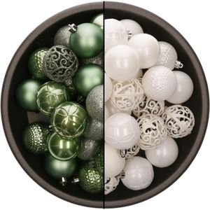 Bellatio Decorations Kerstballen mix - 74-delig - salie groen en wit - 6 cm - kunststof