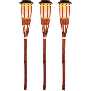 3x Oranje buiten/tuin Led fakkel Bodi solar verlichting bamboe 54 cm vlam - Tuinfakkel - Tuinlampen - Lampen op zonne-energie