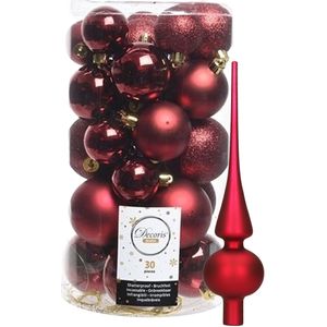 Decoris kerstballen 30x stuks - donkerrood 4/5/6 cm kunststof mat/glans/glitter mix en mat glazen piek 26 cm