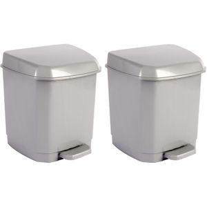 2x Grijze pedaalemmer vuilnisbakken/prullenbakken 7 liter 26 cm - Kunststof/plastic vuilnisemmer- Dameshygiene afvalbak voor toilet/badkamer